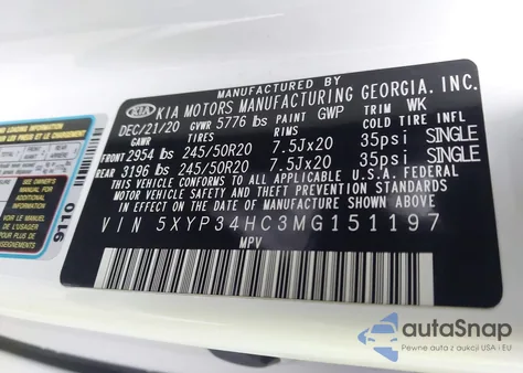 2021 Kia Telluride Ex z USA, uszkodzony, nr VIN 5XYP34HC3MG151197